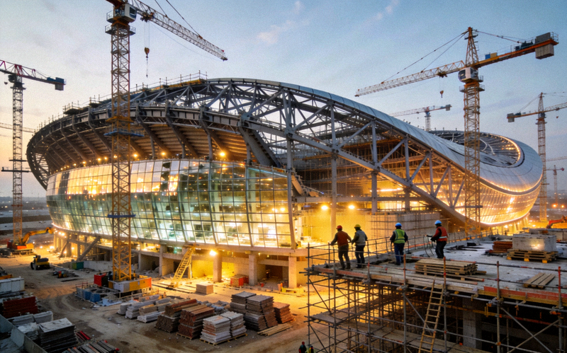 建设中的2026世界杯现代化体育场馆外部景观