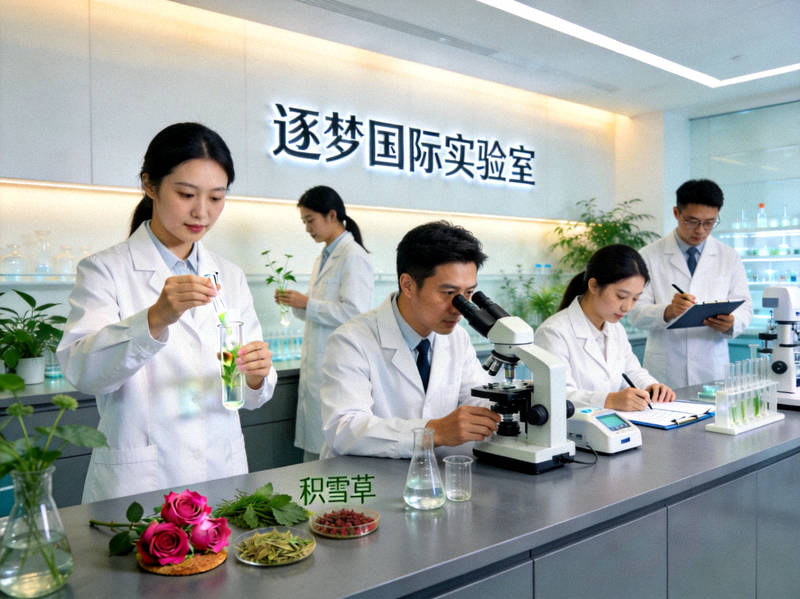 逐梦国际实验室中科研人员正在研发天然植物成分护肤品的场景